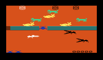 Menagerie (VIC-20) screenshot: The blue part of the middle is safe to cross.
