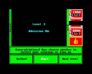 Emlyn Hughes Arcade Quiz (ZX Spectrum) screenshot: Here you can either collect your winnings, play some more or move to the next level...but that will cost you 10p, and you don't seem to have any money
