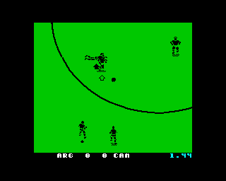 World Class Soccer (ZX Spectrum) screenshot: Oh dear the Argentine's clearly dived there and rightly so the referee tells him to get up and waves play on