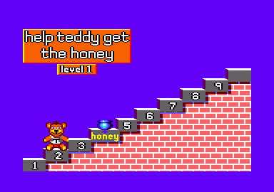 Fun School 3 for the Under 5s (Amstrad CPC) screenshot: The higher up I go, the closer Teddy gets to the honey.