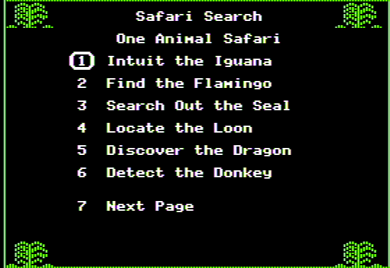 Safari Search (Apple II) screenshot: Main Menu