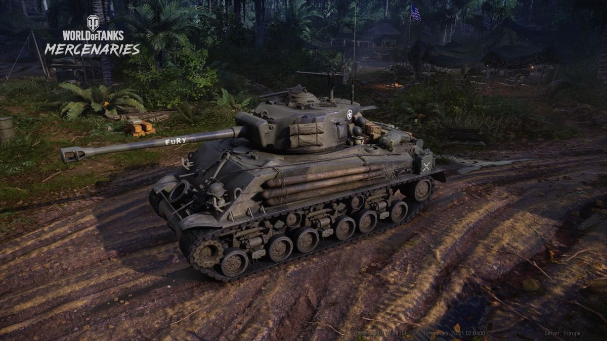 World of Tanks: Fury Loaded Bundle (PlayStation 4) screenshot: Fury tank side view in a tank depot