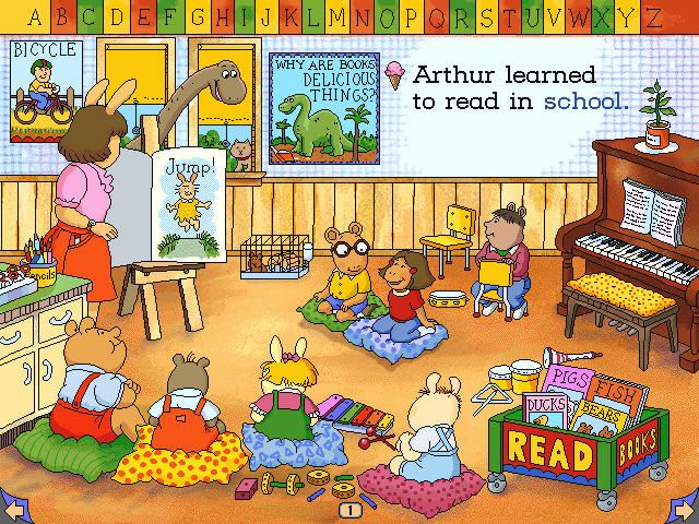 Arthur's Reading Race (Windows) screenshot: Reading the story clicking on the dinosaurs