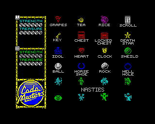 Ninja Massacre (ZX Spectrum) screenshot: The various items and nasties present in the game