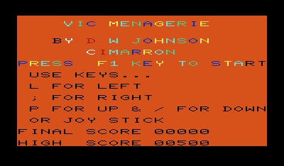 Menagerie (VIC-20) screenshot: Title screen and instructions.