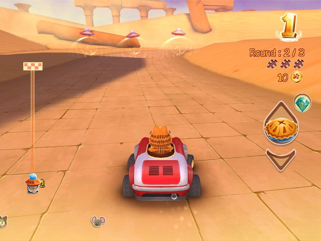 Garfield Kart (Windows) screenshot: Better try to avoid those UFOs