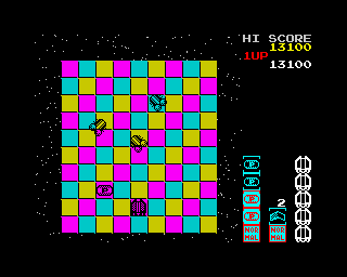 Motos (ZX Spectrum) screenshot: Round 7, featuring odd looking bugs