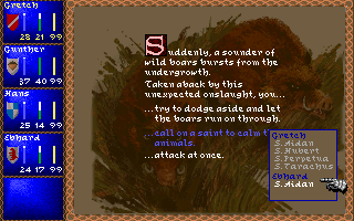 Darklands (DOS) screenshot: You can pray to saints to avoid combat. Results vary depending on your priest's (or a character type equivalent to priest, at least) skills