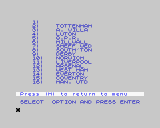Premier 2: Superleague (ZX Spectrum) screenshot: The list of teams...as you can see we have no name, you have to insert it yourself