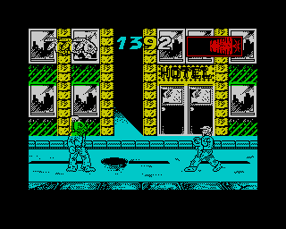 International Ninja Rabbits (ZX Spectrum) screenshot: Here you fight against workmen with their spanners and you can also go down sewers