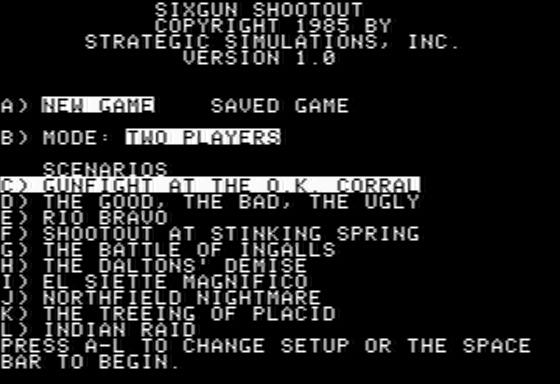 Six-Gun Shootout (Apple II) screenshot: Main Menu