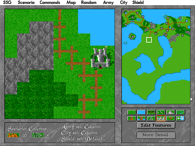 Warlords II Scenario Builder (DOS) screenshot: Drawing a map in the editor: pasting generic terrain tiles...