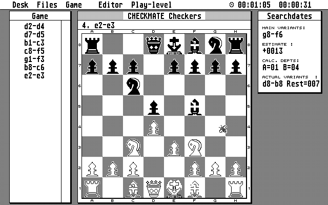 Checkmate (Atari ST) screenshot: Monochrome monitor: started a game against the computer