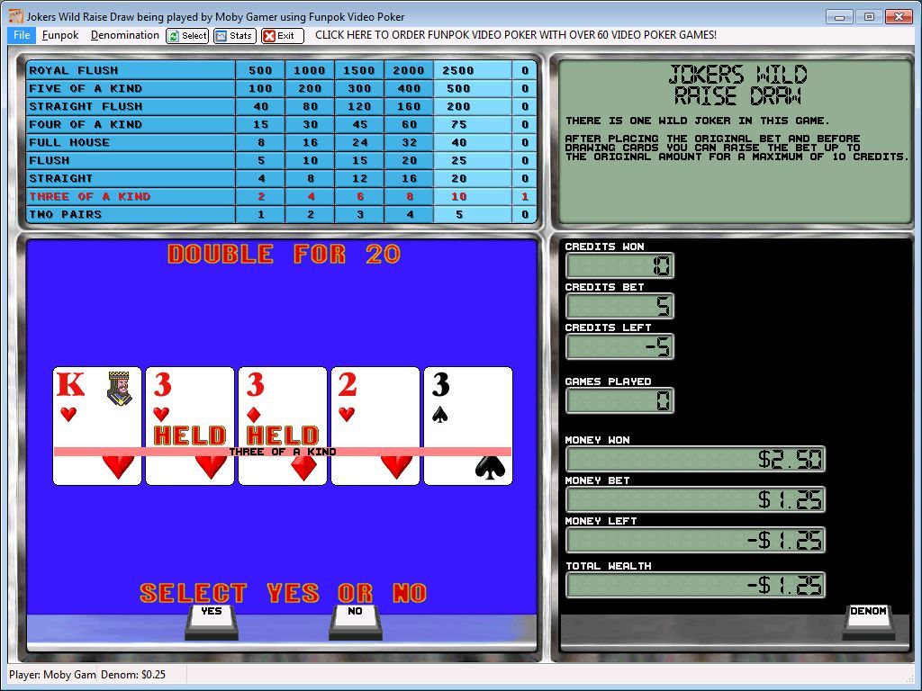 Funpok Video Poker (Windows) screenshot: It is easier to see which cards have been held in the current version