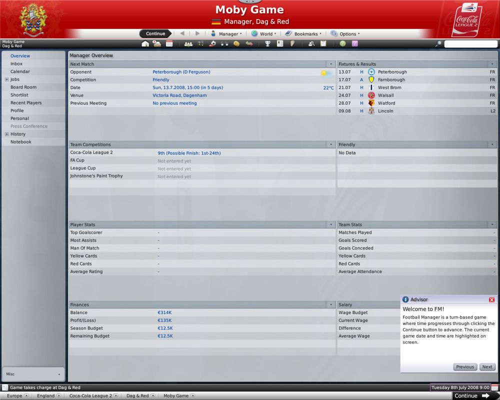 Worldwide Soccer Manager 2009 (Windows) screenshot: The overview shows the most important facts. Also shown: the tutorial (demo version)