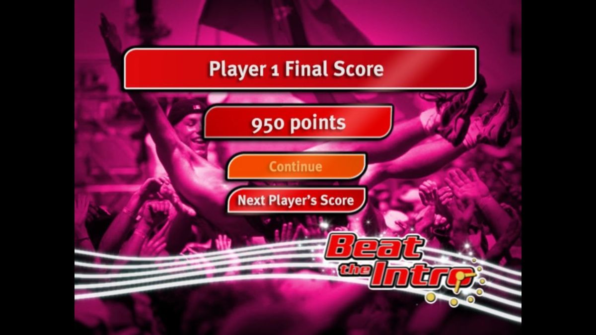 Beat the Intro 3 (DVD Player) screenshot: Head to Head: When all players have completed their round of questions the game announces then winner after which it reminds everyone of the other scores