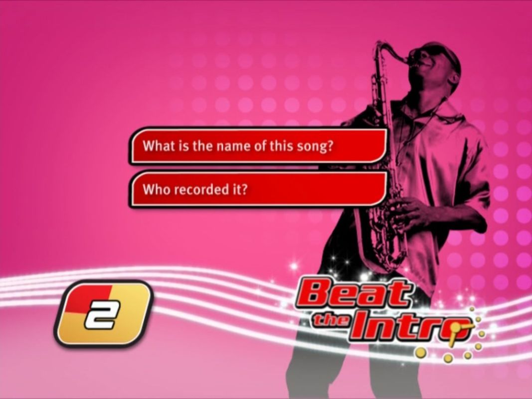Beat the Intro 2 (DVD Player) screenshot: The multiplayer game: A pop song intro is playing. This is a typical question to start a segment. The questions are neither interactive nor timed so there's no rush