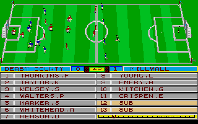 Superleague Soccer (Atari ST) screenshot: Oooops, guess who is the most forward striker? It is my keeper!