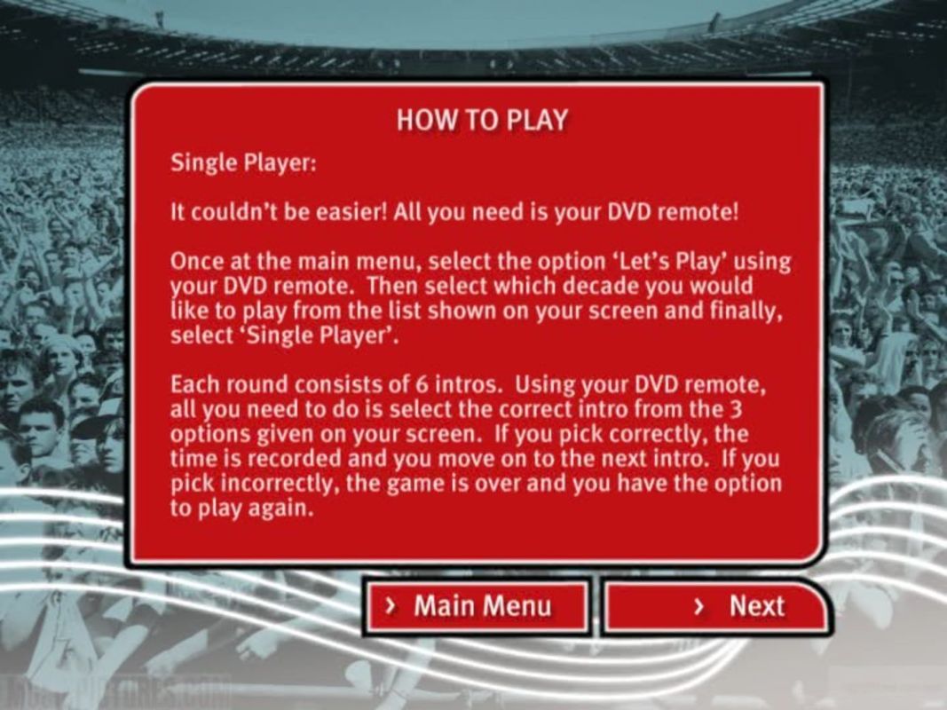 Beat the Intro 2 (DVD Player) screenshot: How to play the game.<br>Here there is only one series of help screens whereas <Beat The Intro 3</i> has a separate series for each game mode