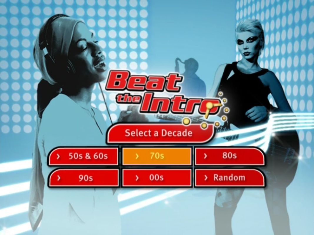 Beat the Intro 2 (DVD Player) screenshot: The decade selction screen. <br>Here the player(s) decide on the decade before selecting the type of game, in <i>Beat the Intro 3</i> it's the other way around