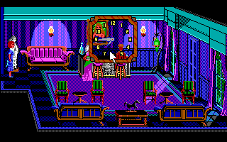 The Colonel's Bequest (DOS) screenshot: The clock advances when you trigger it by performing certain actions - as shown here. The game is not real time, but it creates a good illusion of that