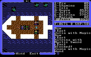 Ultima IV: Quest of the Avatar (DOS) screenshot: Ship battle! Just shoot your projectiles at those aquatic monsters