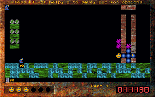 Arcy 2 (DOS) screenshot: You can crush an enemy with a rock to get blue, round goodies.