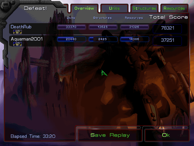 StarCraft (Windows) screenshot: I lost to a guy named DeathRub.
