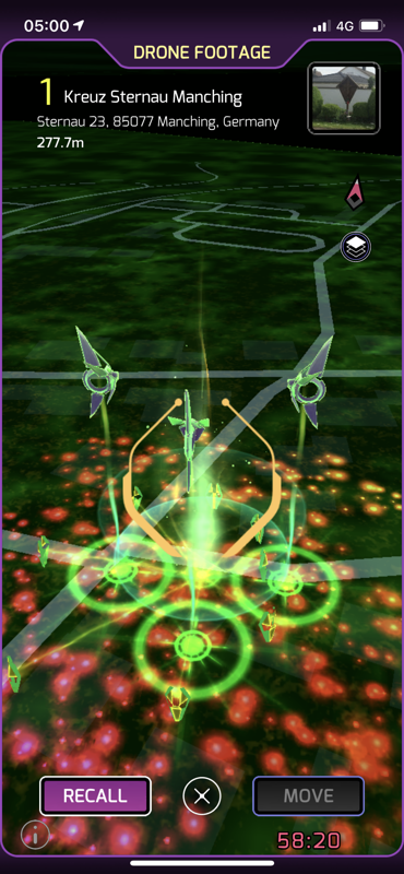 Ingress Prime (iPhone) screenshot: Three Enlightened drones at one portal