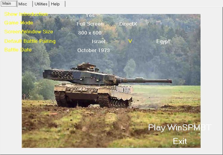 WinSPMBT: CD Edition (Windows) screenshot: The title screen and configuration utility. The CD version allows a higher screen resolution than the standard version