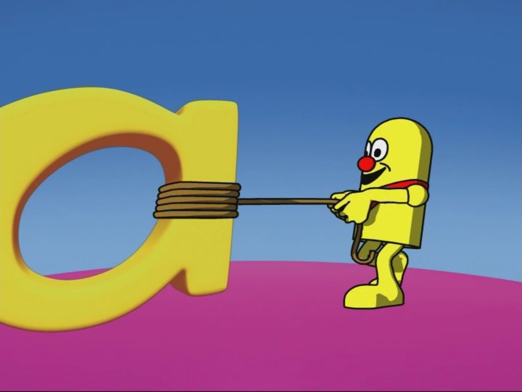 Catchphrase (DVD Player) screenshot: After the copyright statement and the company logo there's an animated introduction where the TV Show's 'Mr Chips' arranges the letters of Catchphrase