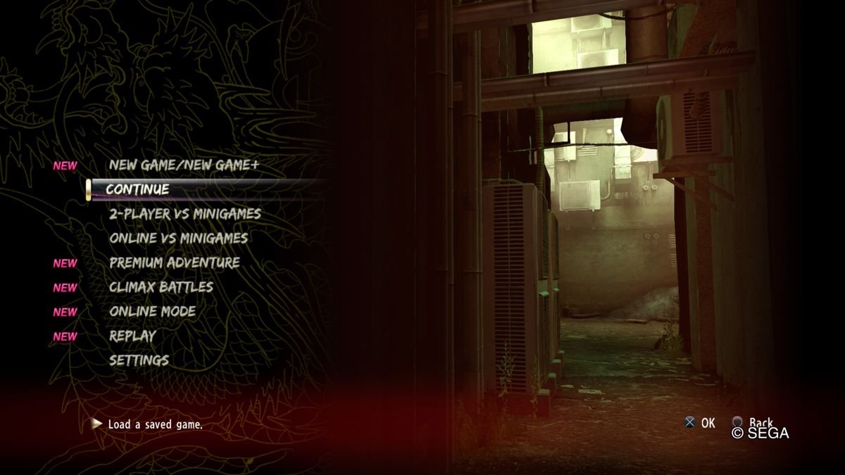 Yakuza 0 (PlayStation 4) screenshot: Main menu