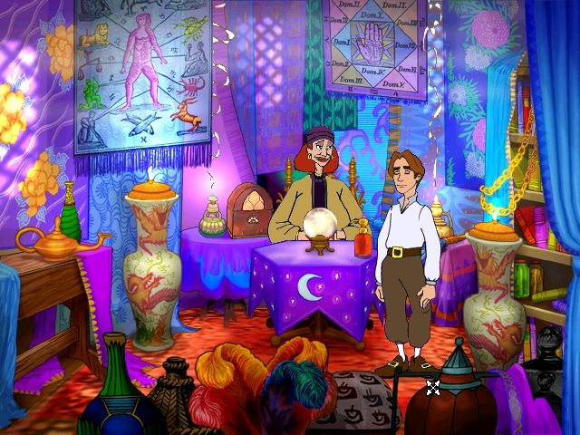 Gilbert Goodmate and the Mushroom of Phungoria (Windows) screenshot: Visiting the Fortune Teller - one of the more colorful screens in the game