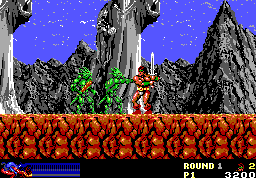 Rastan (DOS) screenshot: Level 1 - Chop those green guys (tweaked EGA mode)