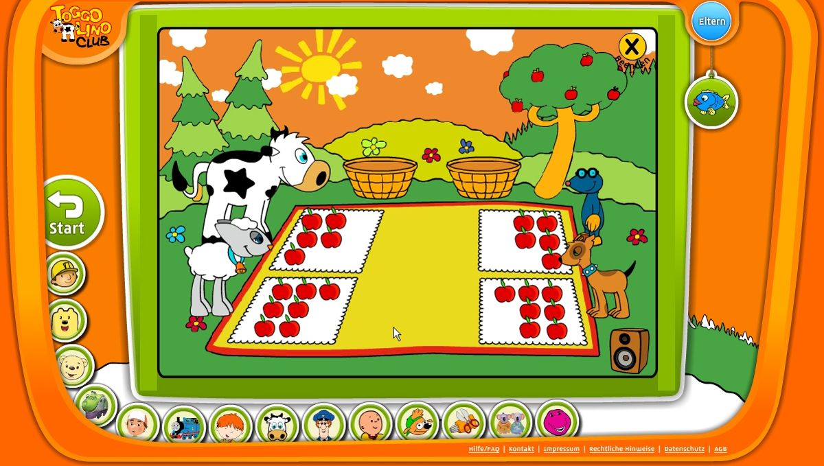 Toggolino Club (Browser) screenshot: Toggolino: this game is a little harder, the kids must move apples to build the exact same shape on every blanket.