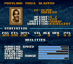 Tecmo Super NBA Basketball (Genesis) screenshot: Player data