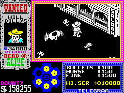 Gunfright (ZX Spectrum) screenshot: - Had to slap that last guy really hard... not a good sportsman. Now the last one of them (<i>harmonica tune</i> playing very far and faded plus wind blowing)