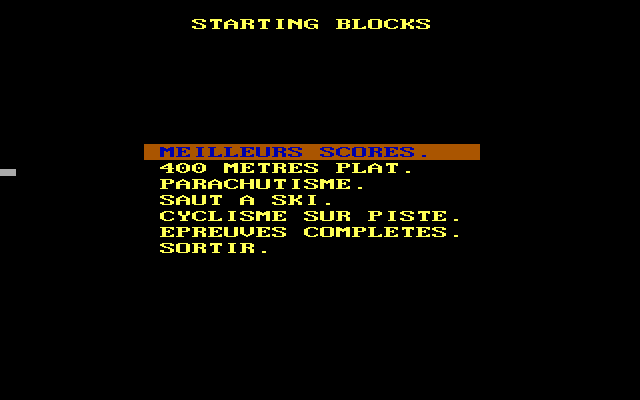 Carré d'As (DOS) screenshot: Choosing sport activity in 'Starting Blocks'