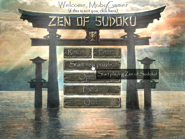 Zen of Sudoku (Windows) screenshot: The main menu.<br>Note that there is an option to print puzzles