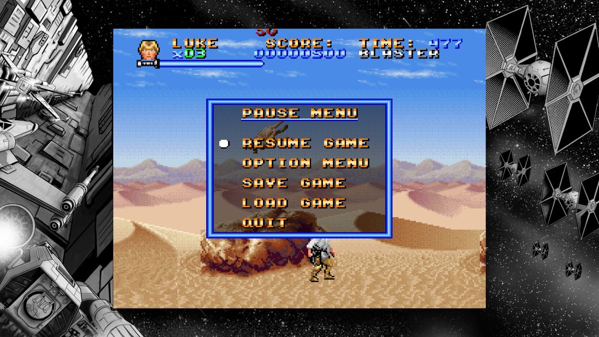 Super Star Wars (PlayStation 4) screenshot: Pause menu (original aspect ratio window mode, pixel display)
