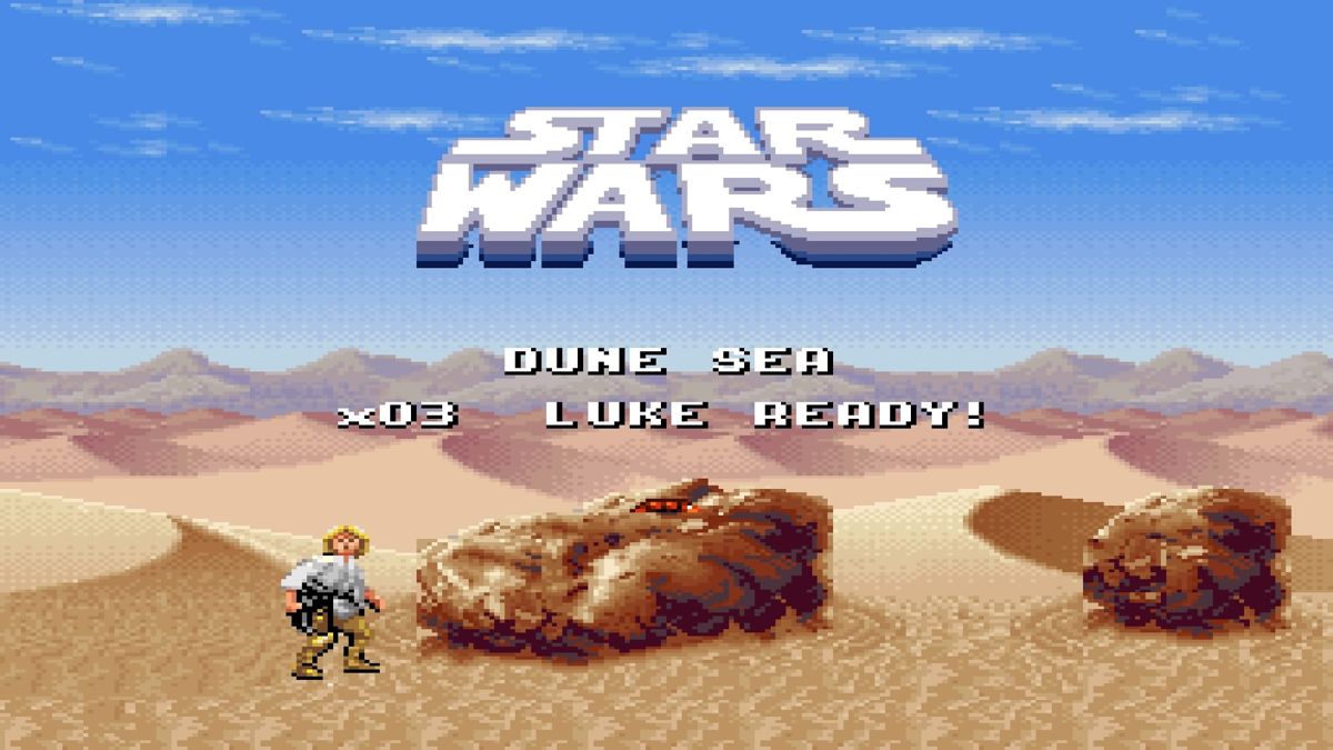 Super Star Wars (PlayStation 4) screenshot: Starting Dune Sea level (fullscreen mode, original pixel display)