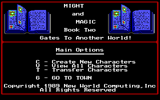 Might and Magic II: Gates to Another World (DOS) screenshot: Main menu