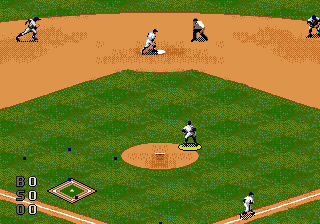World Series Baseball '95 (Genesis) screenshot: About to get an easy out at 1st base.