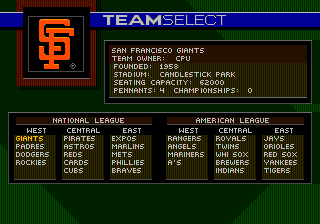 World Series Baseball '95 (Genesis) screenshot: Team select