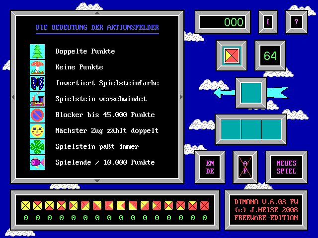Dimono (DOS) screenshot: Explanation of the "action squares" (in German).