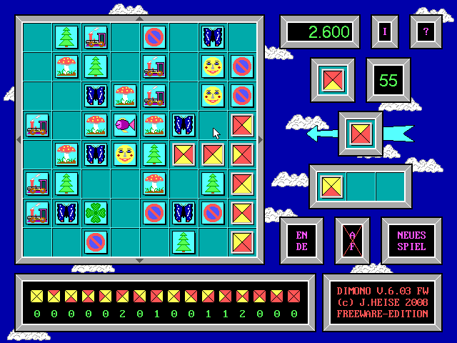 Dimono (DOS) screenshot: Playing the main game with the default ruleset and background image.