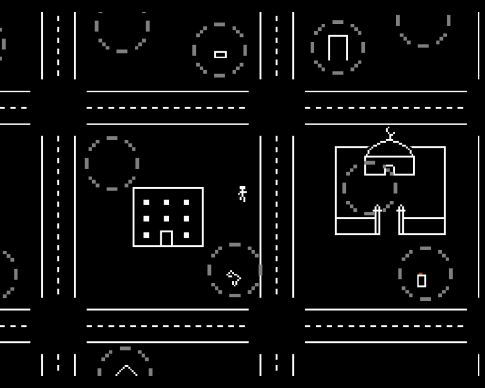 Quiet City (Windows) screenshot: You start at a stick-figure person. The dashed circle is where you go.