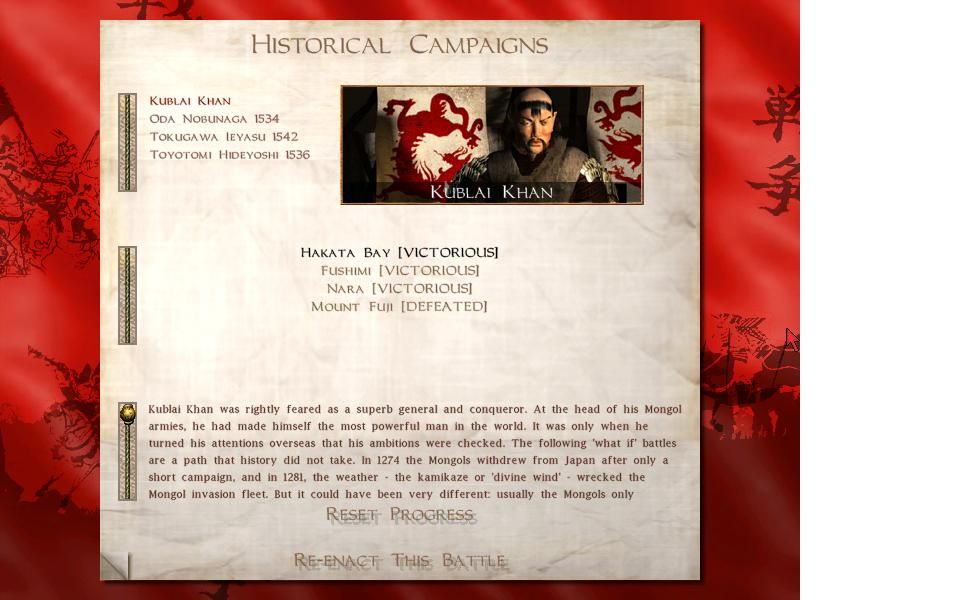 Shogun: Total War - The Mongol Invasion (Windows) screenshot: Kublai Khan's campaign main screen
