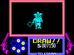 Gunfright (ZX Spectrum) screenshot: - Bettlejuice!!! It's me, don't let me do this to yaa! We're both ghostsz!<br> - M...Mh... Mum?<br>(<i>Albinoni - Adagio in G minor</i>)