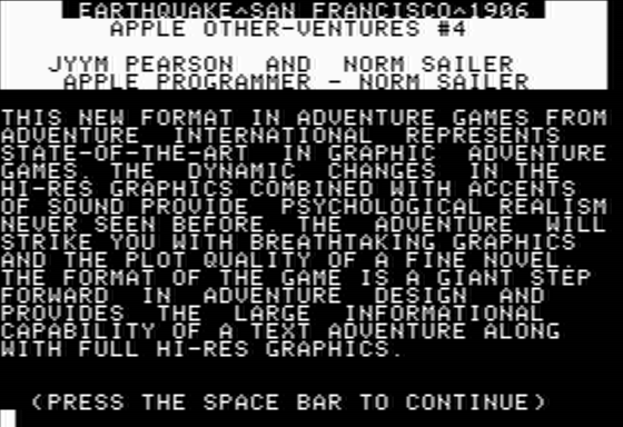 Earthquake San Francisco 1906 (Apple II) screenshot: Instructions
